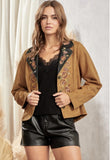 FLORAL EMBROIDERY VEGAN LEATHER JACKET WITH BACK FRINGE