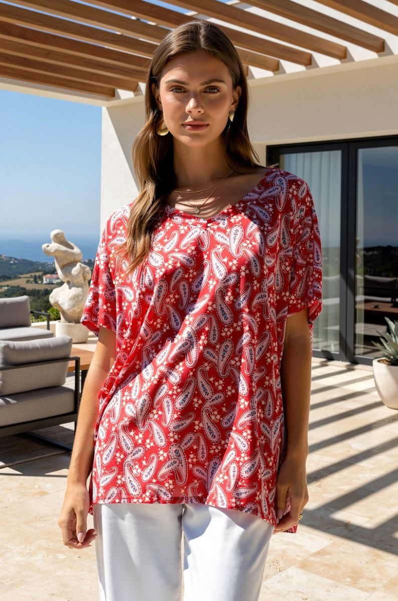 TUNIC V NECK DOLMAN SLEEVES TOP - RED