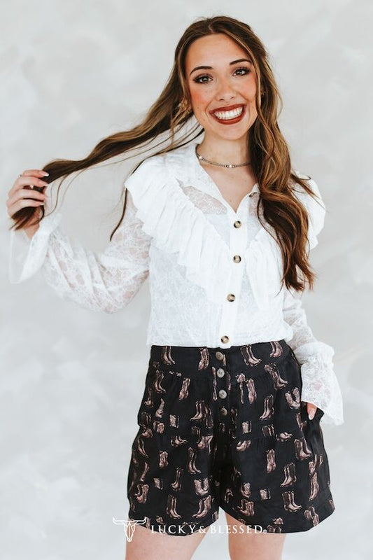 BOOTS PRINTED CONCHO BUTTON ELASTIC WAISTBAND SHORTS