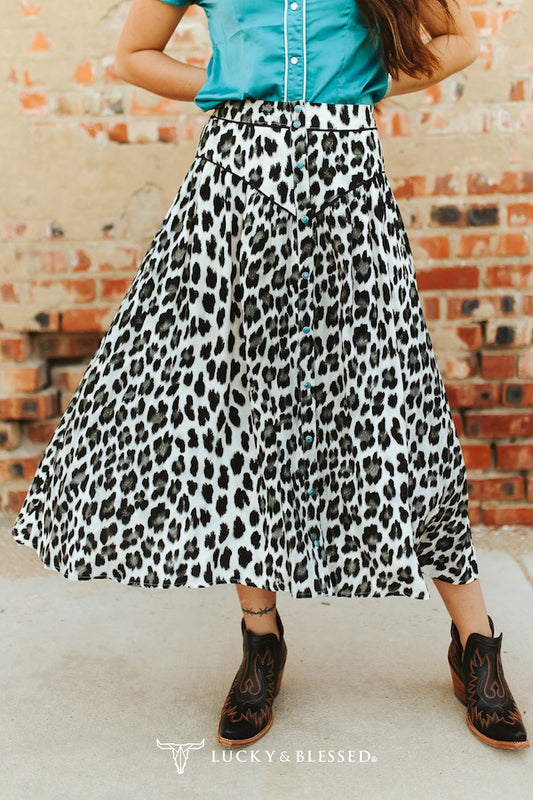 LEOPARD PRINTED BUTTON DOWN YOKE SKIRT W TURQUOISE SNAP BUTTONS