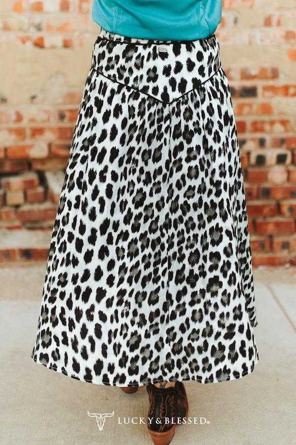 LEOPARD PRINTED BUTTON DOWN YOKE SKIRT W TURQUOISE SNAP BUTTONS