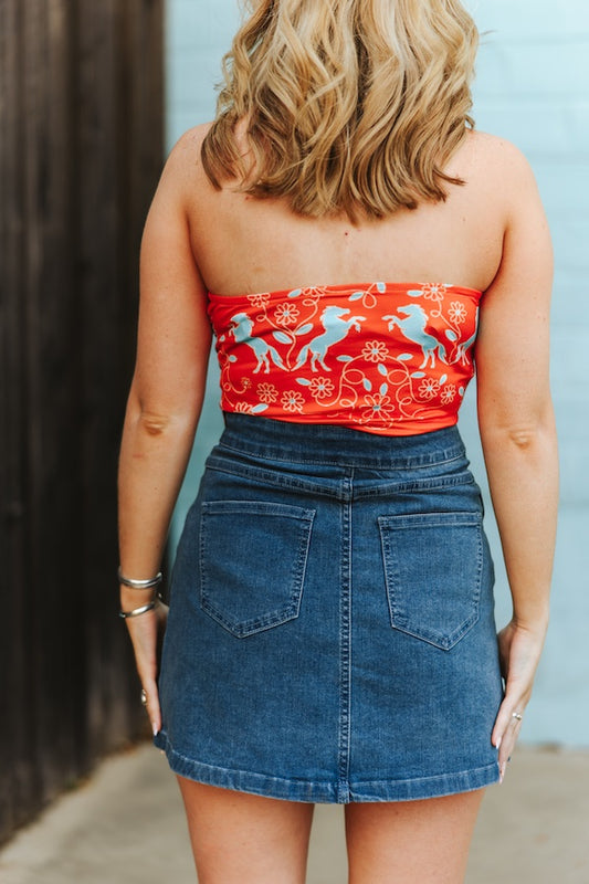 DENIM RHINESTONE STUDDED SKIRT