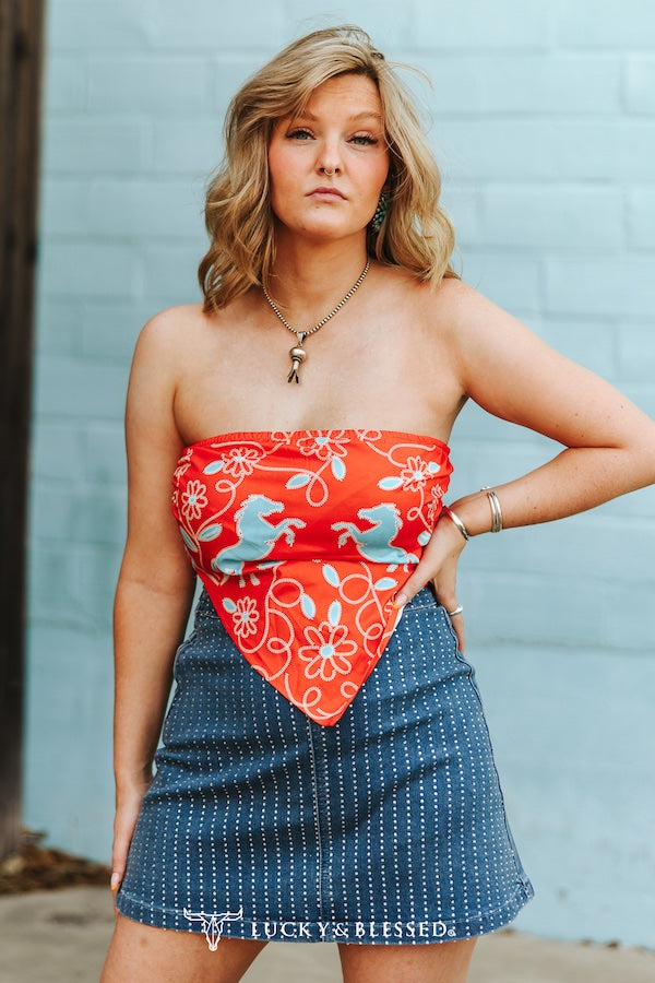 DENIM RHINESTONE STUDDED SKIRT