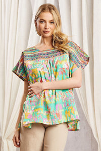 EMBROIDERY PRINTED DOLMAN SLEEVE PONCHO TOP - MULTI COLOR
