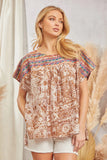 PONCHO STYLE EMBROIDERY TOP - BROWN MULTI