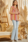 RUFFLED SLEEVE EMBROIDERY TOP - RED MULTI COLOR