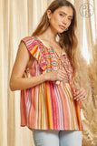 RUFFLED SLEEVE EMBROIDERY TOP - RED MULTI COLOR