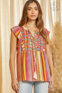 RUFFLED SLEEVE EMBROIDERY TOP - RED MULTI COLOR