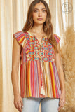 RUFFLED SLEEVE EMBROIDERY TOP - RED MULTI COLOR