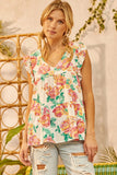 BABYDOLL PRINT V NECKLINE FLUTTER SLEEVES TOP - IVORY MULTI