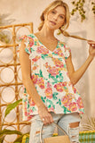 BABYDOLL PRINT V NECKLINE FLUTTER SLEEVES TOP - IVORY MULTI