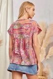 DOLMAN SLEEVES ROUND NECKLINE EMBROIDERY TOP - PINK MULTI