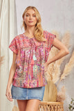 DOLMAN SLEEVES ROUND NECKLINE EMBROIDERY TOP - PINK MULTI