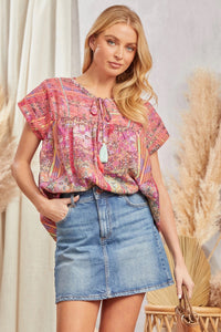 DOLMAN SLEEVES ROUND NECKLINE EMBROIDERY TOP - PINK MULTI