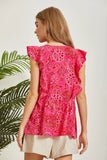 FLUTTER SLEEVE FLORAL PRINT TIE FRONT TOP - HOT PINK