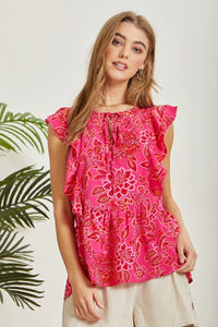 FLUTTER SLEEVE FLORAL PRINT TIE FRONT TOP - HOT PINK