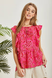 FLUTTER SLEEVE FLORAL PRINT TIE FRONT TOP - HOT PINK