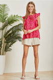 FLUTTER SLEEVE FLORAL PRINT TIE FRONT TOP - HOT PINK