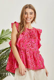 FLUTTER SLEEVE FLORAL PRINT TIE FRONT TOP - HOT PINK