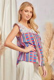 FLUTTER SLEEVES EMBROIDERED PRINTED TOP - MULTI