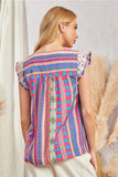 FLUTTER SLEEVES EMBROIDERED PRINTED TOP - MULTI