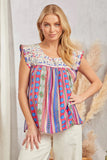 FLUTTER SLEEVES EMBROIDERED PRINTED TOP - MULTI