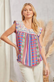 FLUTTER SLEEVES EMBROIDERED PRINTED TOP - MULTI