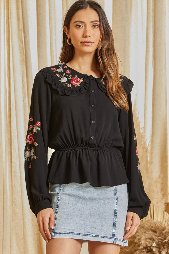 WOVEN EMBROIDERY PEPLUM BODICE TOP - BLACK