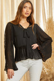 V NECKLINE PLEATED SLEEVE BLOUSE - BLACK