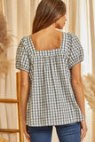 GEO EMBROIDERY GINGHAM TOP - CHARCOAL
