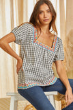 GEO EMBROIDERY GINGHAM TOP - CHARCOAL