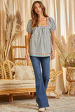 GEO EMBROIDERY GINGHAM TOP - CHARCOAL