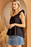SOLID BABY DOLL FLUTTER SLEEVE TOP - BLACK