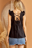 SOLID BABY DOLL FLUTTER SLEEVE TOP - BLACK