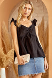 SOLID BABY DOLL FLUTTER SLEEVE TOP - BLACK