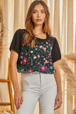 ROUND NECKLINE EMBROIDERED CROPPED TOP - BLACK MULTI COLOR