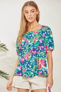 TIE BACK DETAIL FLORAL PRINTED SQUARE NECKLINE TOP - TEAL MAGENTA