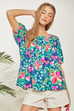 TIE BACK DETAIL FLORAL PRINTED SQUARE NECKLINE TOP - TEAL MAGENTA