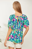 TIE BACK DETAIL FLORAL PRINTED SQUARE NECKLINE TOP - TEAL MAGENTA