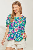 TIE BACK DETAIL FLORAL PRINTED SQUARE NECKLINE TOP - TEAL MAGENTA