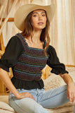 PUFF EMBRODIERY SLEEVE SMOCKED BODICE TOP - BLACK