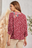 ROUND NECKLINE 3/4 SLEEVES EMBROIDERY TOP - WINE COLOR