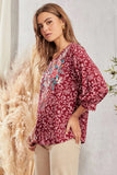 ROUND NECKLINE 3/4 SLEEVES EMBROIDERY TOP - WINE COLOR