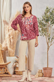 ROUND NECKLINE 3/4 SLEEVES EMBROIDERY TOP - WINE COLOR