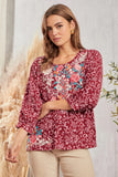 ROUND NECKLINE 3/4 SLEEVES EMBROIDERY TOP - WINE COLOR