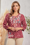 ROUND NECKLINE 3/4 SLEEVES EMBROIDERY TOP - WINE COLOR