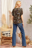 BUTTON DOWN ELASTIC SLEEVE EMBROIDERY TOP - CAMO