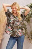 BUTTON DOWN ELASTIC SLEEVE EMBROIDERY TOP - CAMO