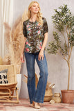 BUTTON DOWN ELASTIC SLEEVE EMBROIDERY TOP - CAMO