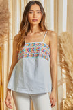 GEOMETIC EMBORIDERY STRIPPED PATTERN SLEEVELESS TOP - LIGHT BLUE